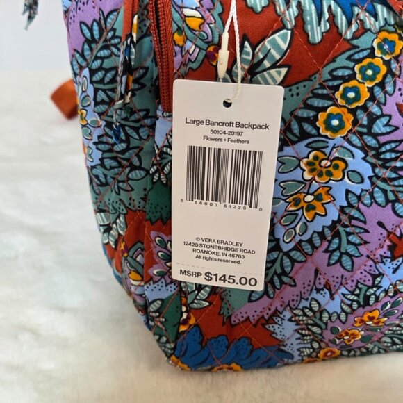 NWT Vera Bradley Large Bancroft Backpack Cotton, Flowers + Feathers main image 8